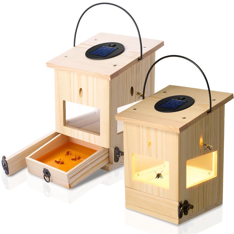 Qualirey 2 Pcs Outdoor Wood Carpenter Bee Traps, Push-Pull Drawer, Transparent PVC Panels, Pent Roof Style, Hanging Design with Solar Light, for Orchard Garden Wood House Artificial Forest - Image 1